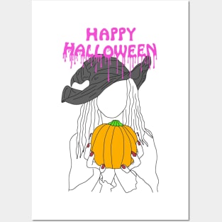 Happy Halloween witch and pumpkin - pink Posters and Art